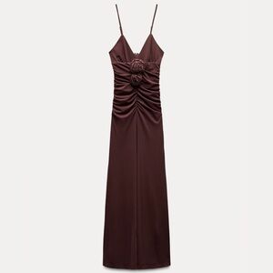Zara brown/eggplant ruched textured gown dress with 3D flower bud detail